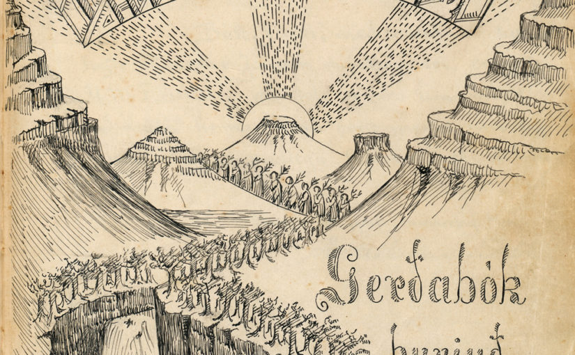 Upphafssíða gjörðabókar Geisla. Teikning eftir Ríkharð Jónsson